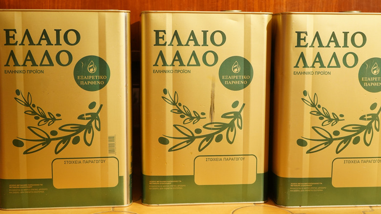 close up of Greek olive oil cans