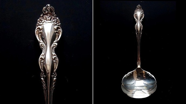 Split image showing the detail of a circa 1965 Oneida Michelangelo stainless steel gravy ladle, and the ladle in full