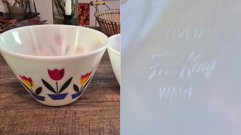 Split image of Fire-King tulip mixing bowls sitting on a wooden table and the maker's mark on the bottom of one bowl
