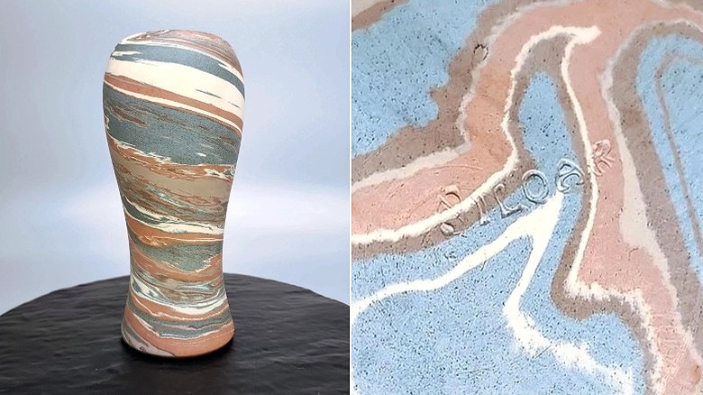 Split image of a Niloak Mission Swirl vase, full view and bottom stamp
