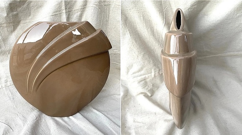 Split image of a brown '80s deco vase viewed from the front and above