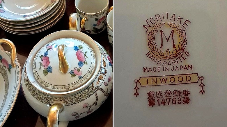 Split image of Vintage Noritake pieces and the "M" maker's mark