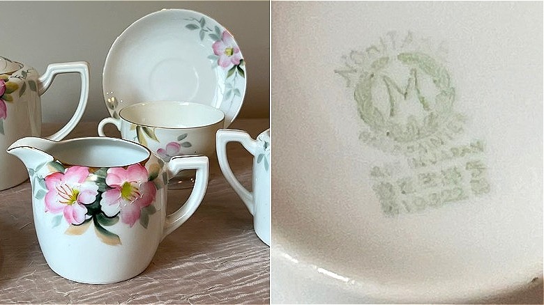 Split image of a Vintage Noritake Azalea tea set and the "M" maker's mark