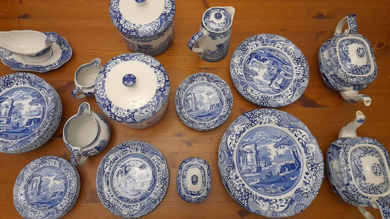 A range of Spode's Blue Italian plates, dishes, bowls, and teapots
