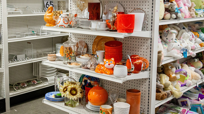 Endcap of glassware in a thrift store