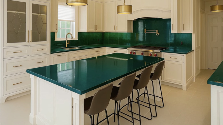 green lava stone worktop in white kitchen