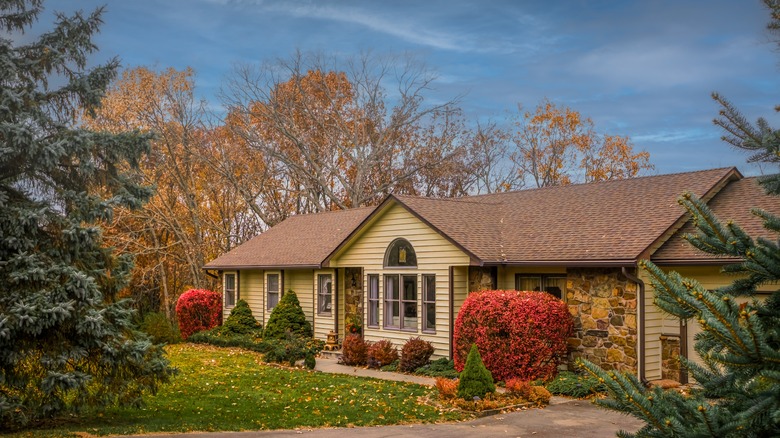 Midwestern house in the fall with trees and brushes out front
