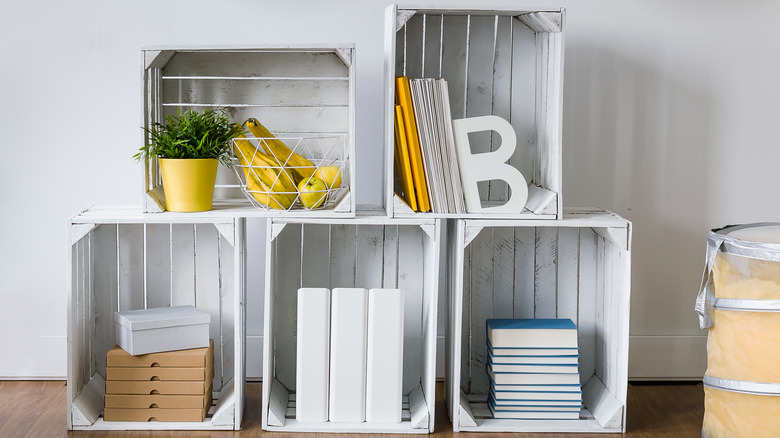 white wood crate shelves