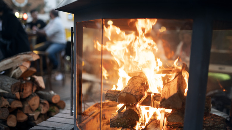 Carousel fireplace burns wood