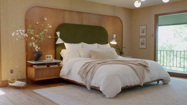 A bed and night table.