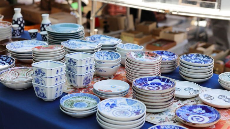 Blue and white dishware on a table