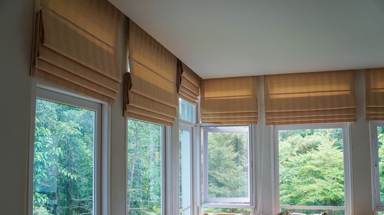 Roman shades across wall to wall windows.