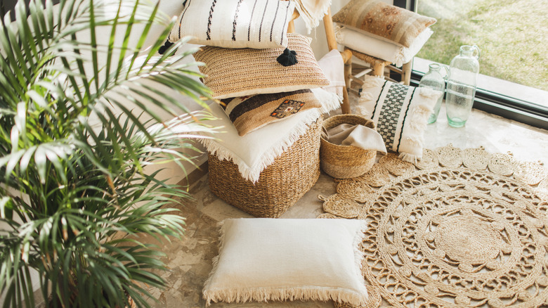 Living room with wooden and rattan furniture, plant in a plant stand