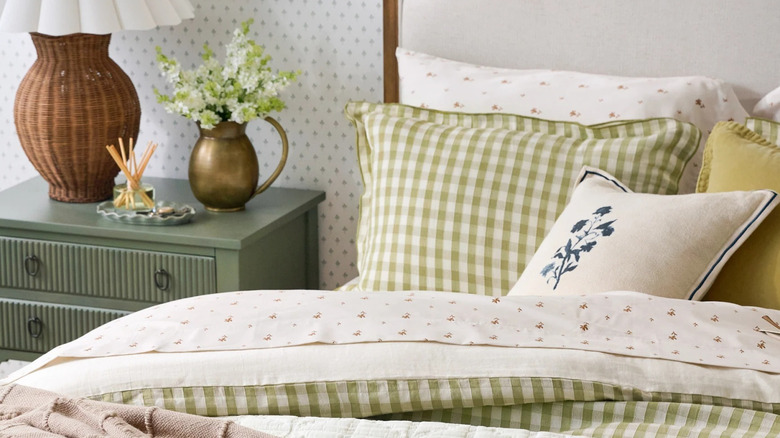 Gingham bedding and light throw blanket