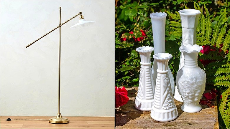 Magnolia milk glass lamp designed by Joanna Gaines and vintage milk glass bud vases