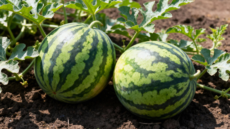two watermelons on soil with plant in background