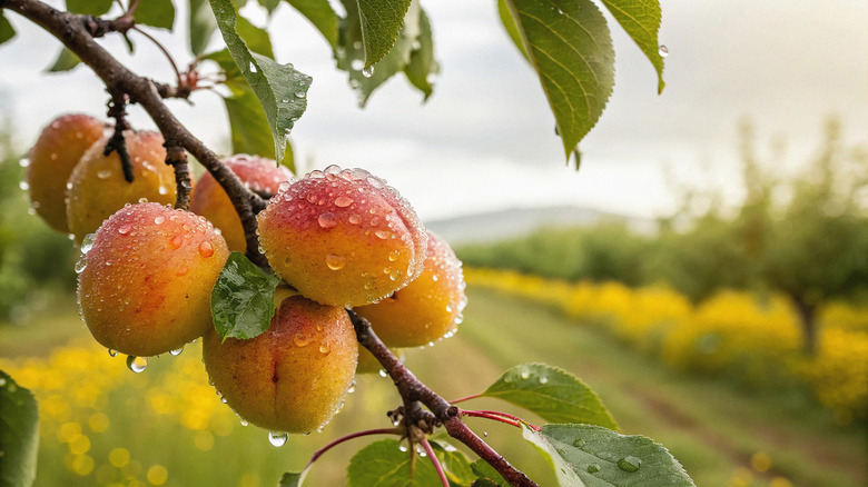 Cluster of apricots with water droplets on them hanging on a tree in front of an orchard