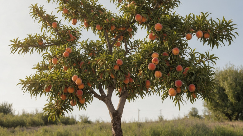 Ripe peaches on a young peach tree standing alone in a yard