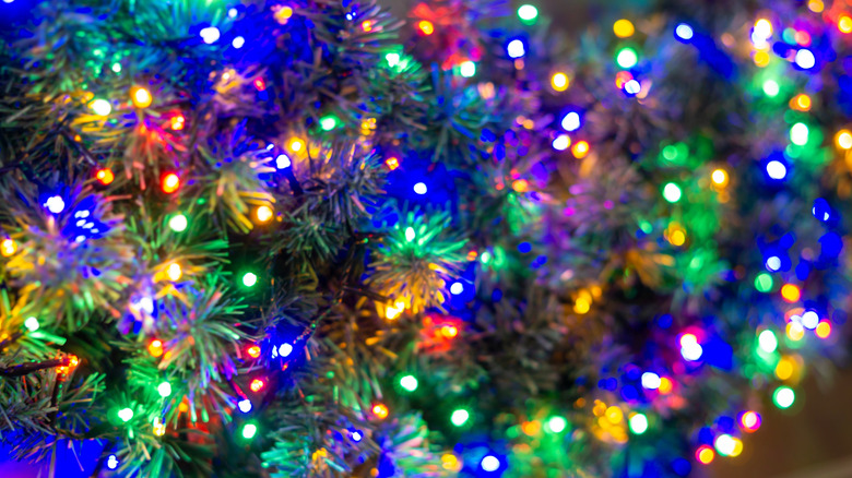 Multiple colors of LED lights on a Christmas tree