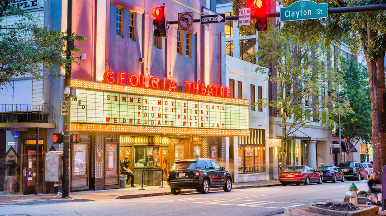 City street with theater and marquee in late daylight in Athens, GA.