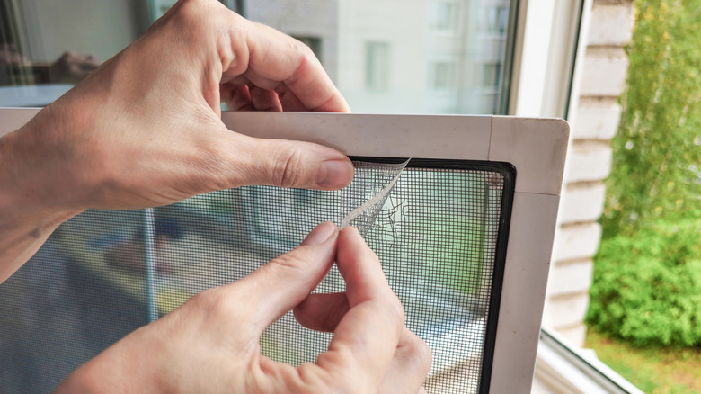 Repairing a hole in a screen window.