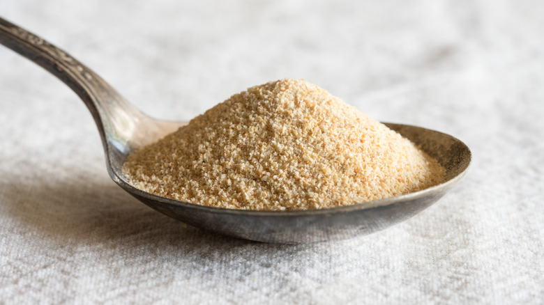 A close-up of garlic powder on a spoon