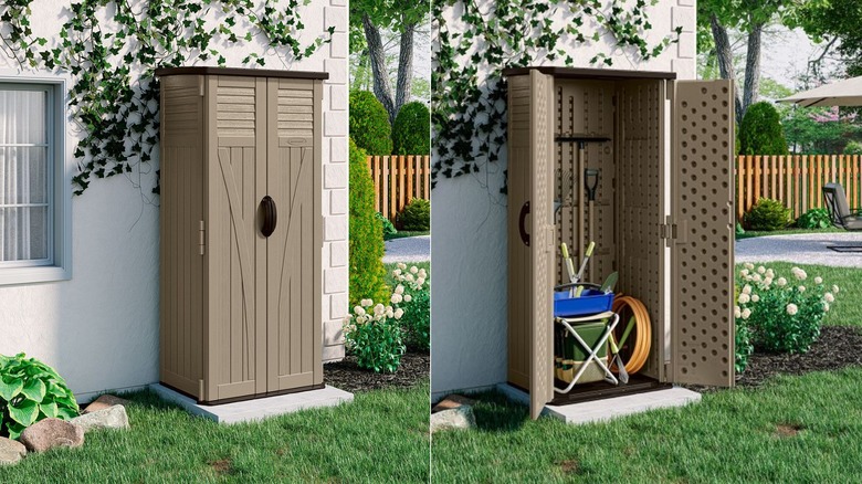 A tan vertical storage shed standing against the wall of a white stucco house