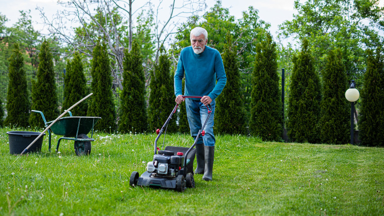 A man mowing the lawn in his backyard