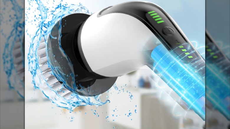 Close-up of the Bomves electric spin scrubber's brush head in action