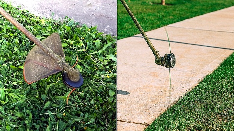 Split image of a string trimmer parallel to the ground, and a string trimmer held perpendicularly trimming the edge of grass and a sidewalk