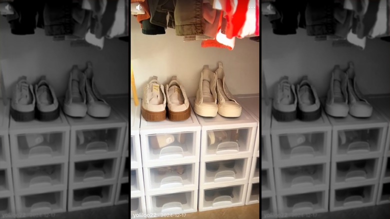 shoes organized in stackable Dollar Tree plastic drawers