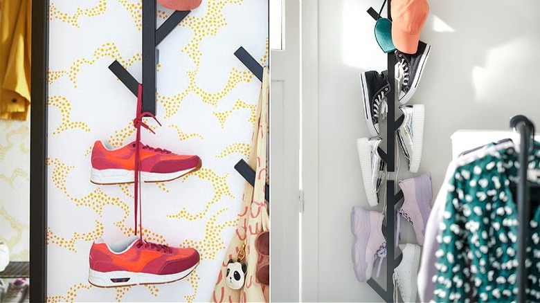 Split image showing red sneakers hanging on TJUSIG rack on the left and various shoes on TJUSIG on the right