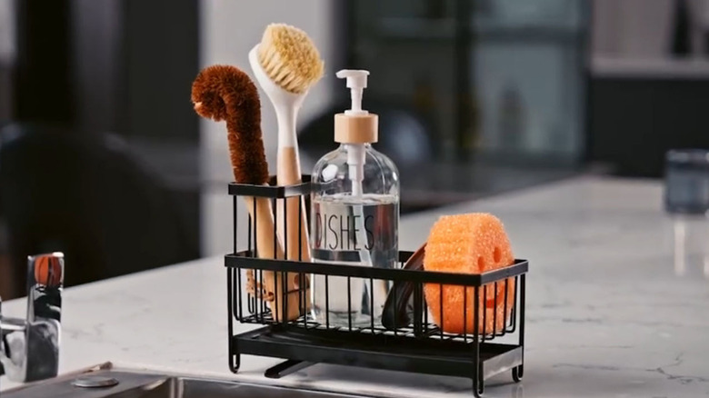 Black sink-side caddy holding drain stoppers and dish scrubbing brushes.