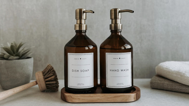 Matching dish and hand soap dispensers on the kitchen counter.