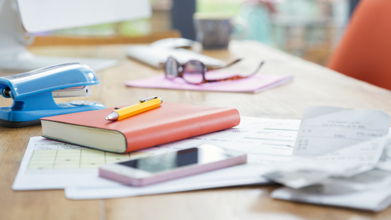 Cluttered items on a desk