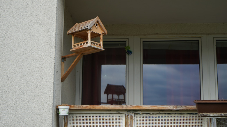 A bird feeder on a balcony