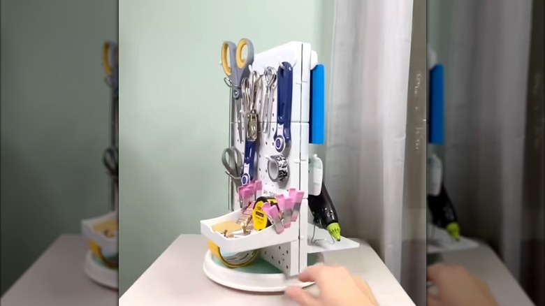 A DIY turntable organizer holding craft supplies.