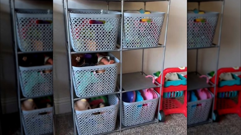 Dollar Tree storage rack used to organize toys
