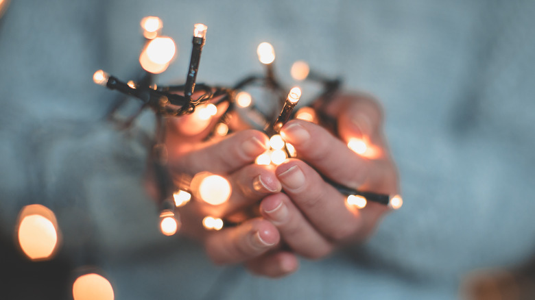 hands holding white string lights