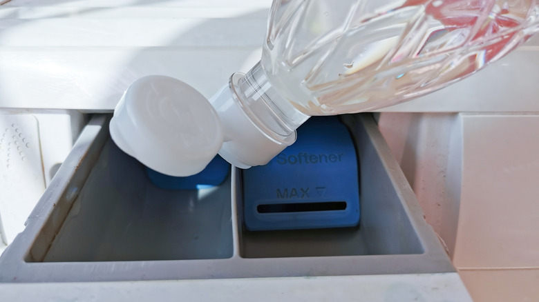 Hand pouring white vinegar in the detergent slot of a washer