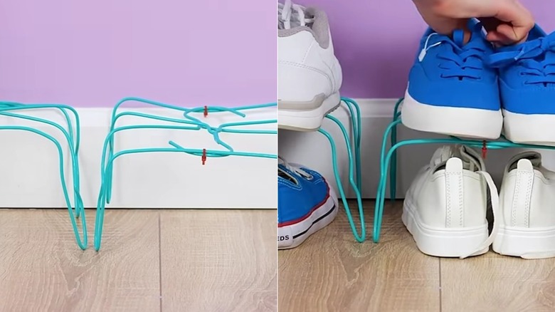Blue hangers bent into shelves for tennis shoes