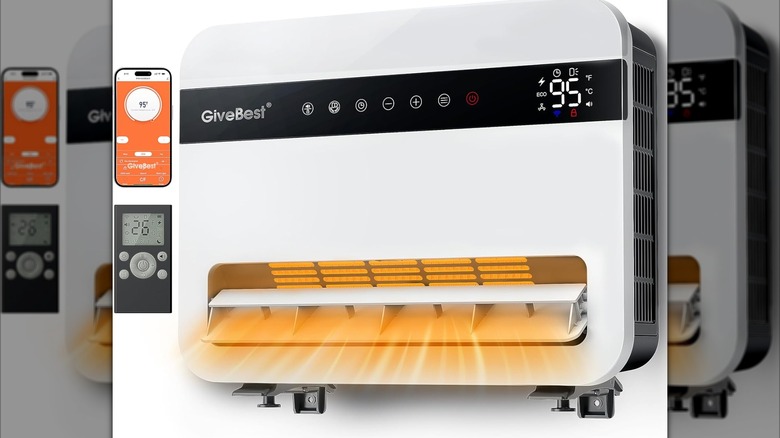 the GiveBest smart heater, a sleek white heater with a black control bar, pictured with added heat effects plus its app and remote