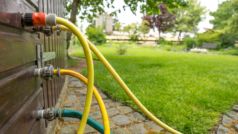garden hoses coming from a building