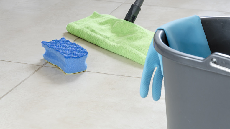 Cleaning supplies in kitchen
