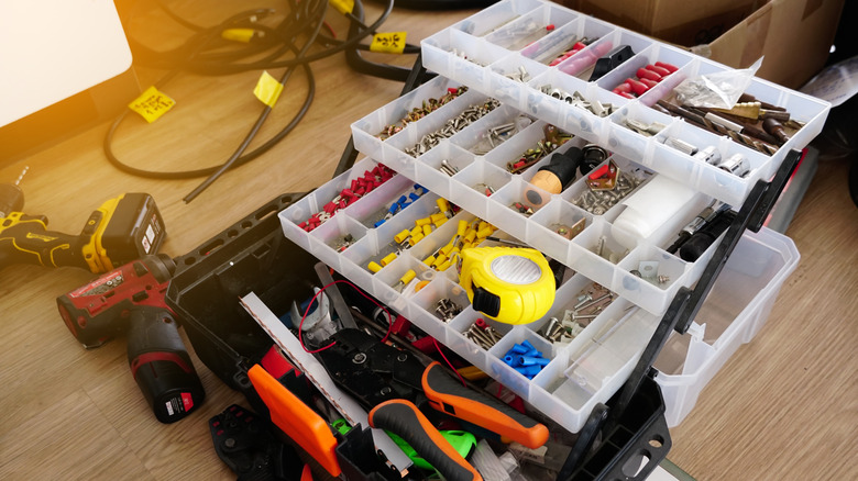A parts box with tools