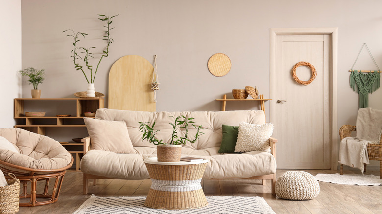 A cozy living room with a selection of lucky bamboo plants