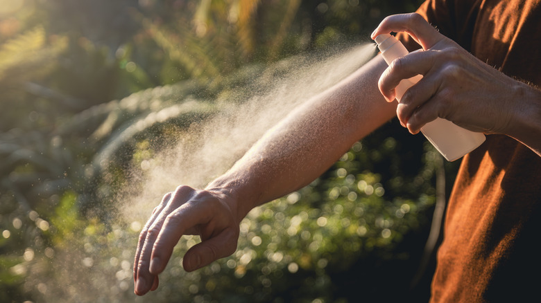 Bug spray is being applied to someone's arm in an attempt to repel mosquitoes.