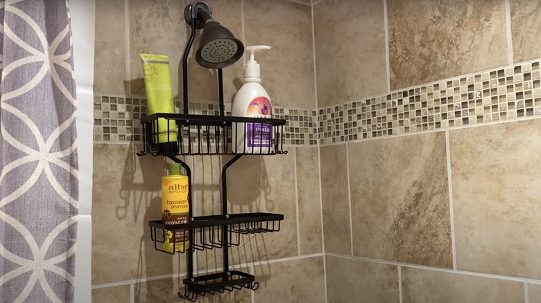 shower caddy in bathroom 