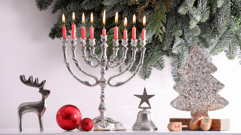 silver menorah with other decorations