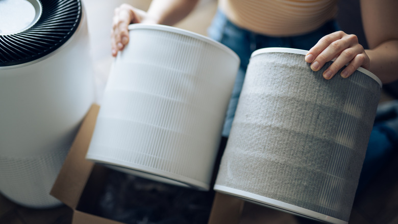 Person changing filter in air purifier, comparing the new filter to the old one